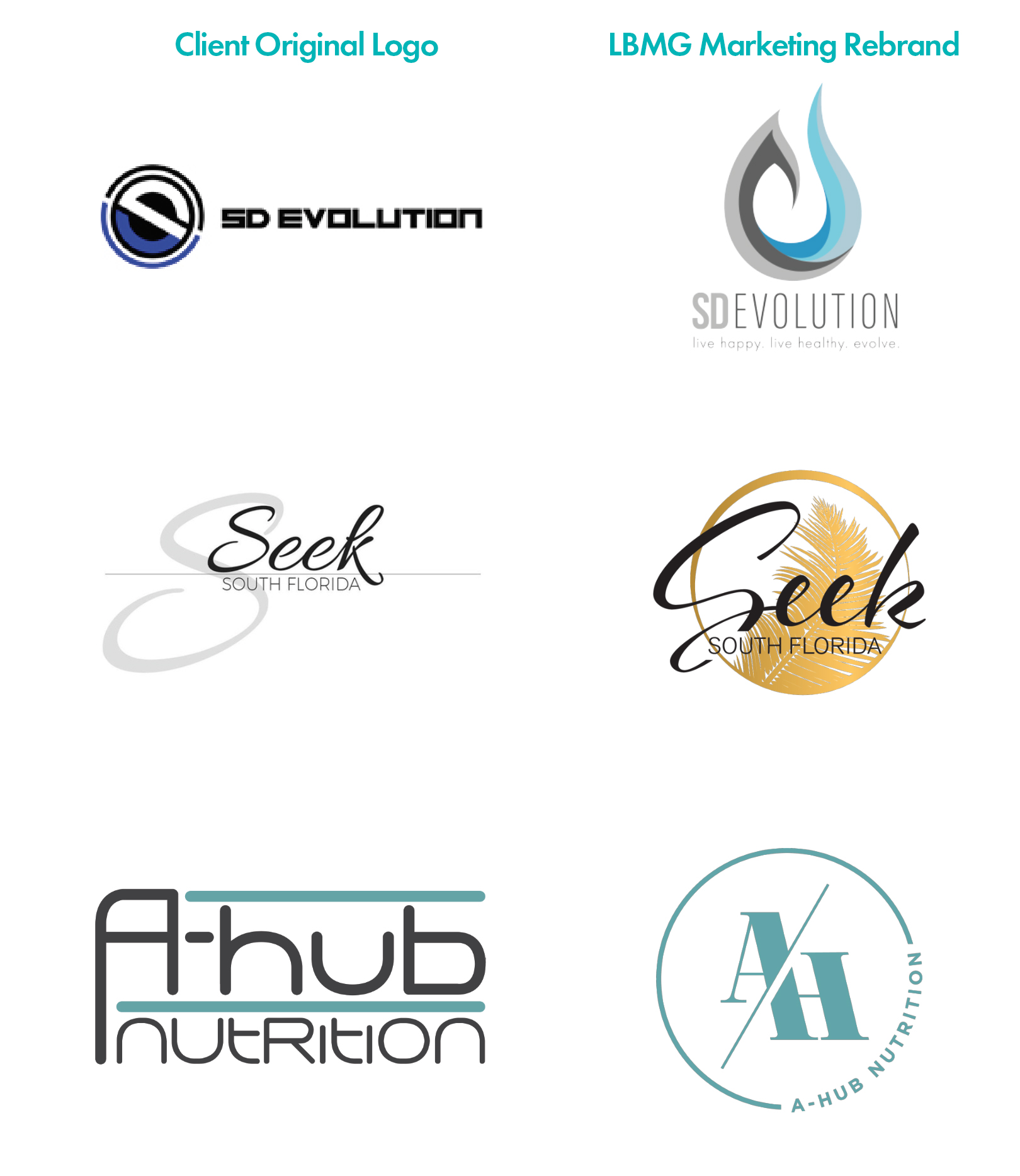  LBMG Marketing Client Rebrands | Top: SD Evolution, Middle: Seek South Florida, Bottom: A-Hub Nutrition 